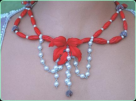 Stunning designer red glass and pearl chain necklace with large red flower centrepiece