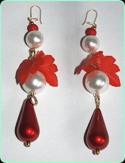 Designer pearl beads and red pearl tear drops with red leaf decoration